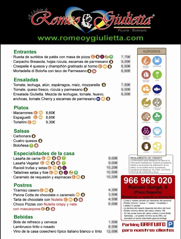 Nueva Carta Restaurante Romeo y Giulietta